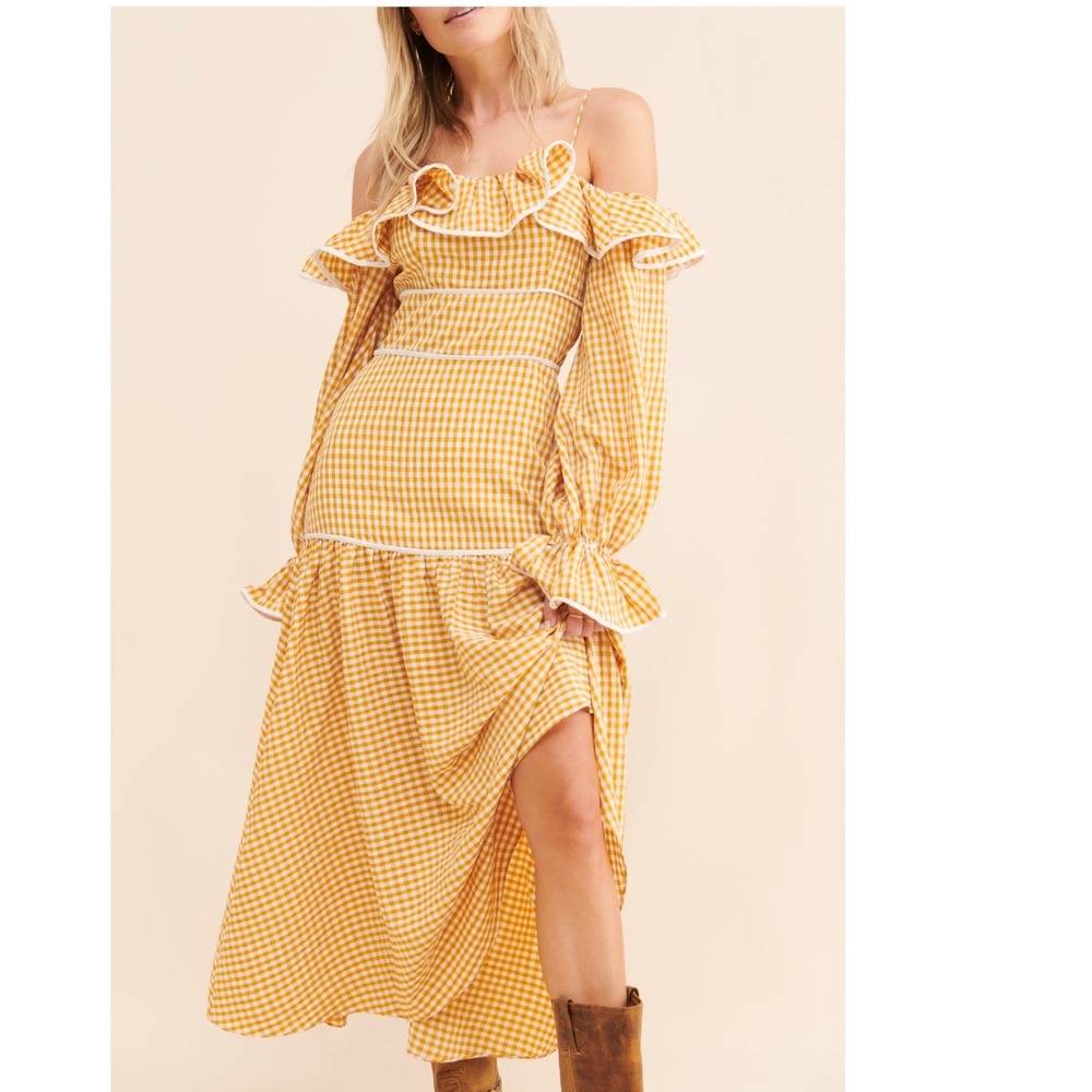 KEEPSAKE Gingham Maxi Dress Womens Medium Yellow Ruffle Off Shoulder Cottagecore